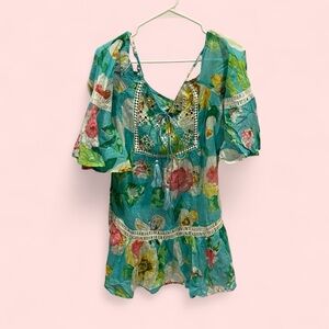 Debbie Katz cotton flowy boho lace ruffle old money Miami cold shoulder top